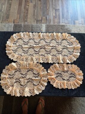 Set of 3 Peach Lace Doilies Dresser Scarves - Floral Trim